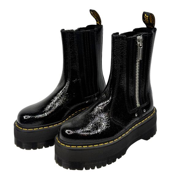 Dr. Martens 2976 Max Distressed Black Patent Leather Chelsea Platform Boots - Picture 1 of 10